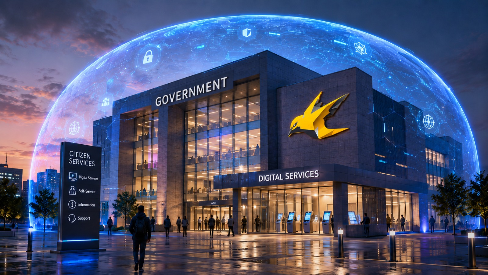 Government digital services building protected by a cyber security shield